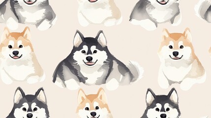 Fototapeta premium Adorable husky and Shiba Inu dog pattern