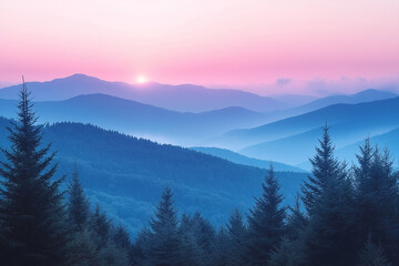 Obraz premium Majestic sunrise over misty mountain ranges in a tranquil landscape. Generative AI