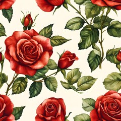 Fototapeta premium Watercolor illustration of red roses and green leaves forming a seamless floral pattern on a white background