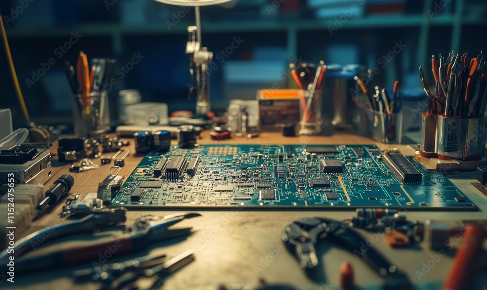 Aufkleber circuit schematic on a table surrounded by tools and a partially constructed pcb, detailed engineeri