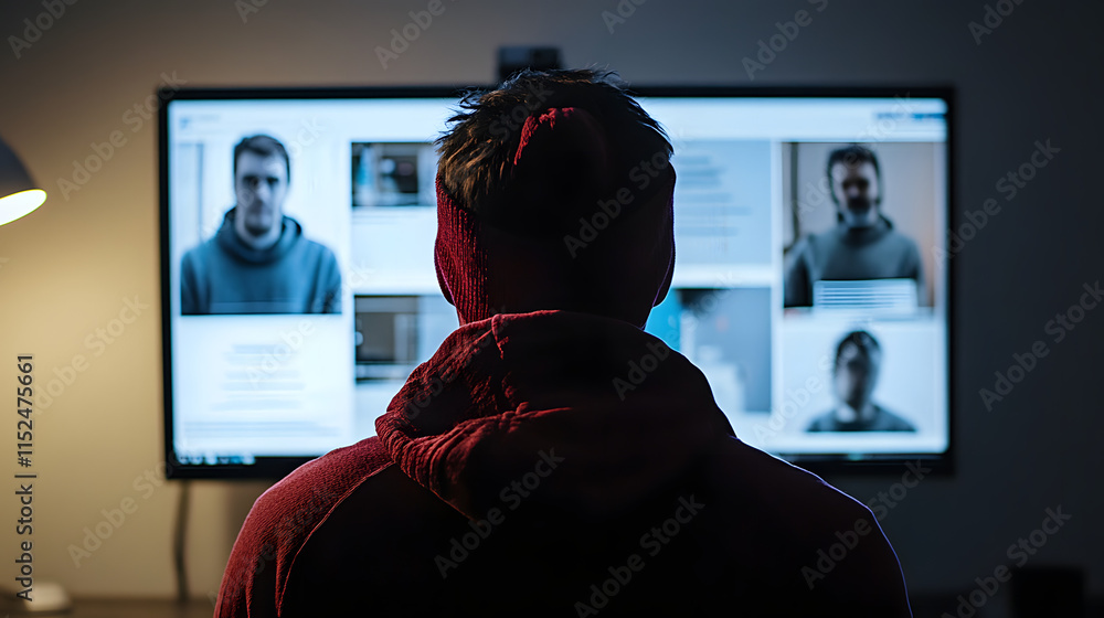 Poster a person in a red hoodie sits before a large monitor displaying multiple video conference participan