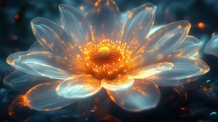 Glowing translucent flower with orange center, floating on dark water.