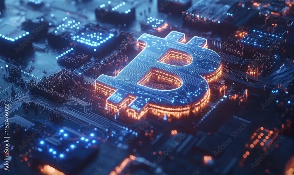 Poster futuristic bitcoin symbol with glowing blue network connections. digital blockchain and cryptocurren
