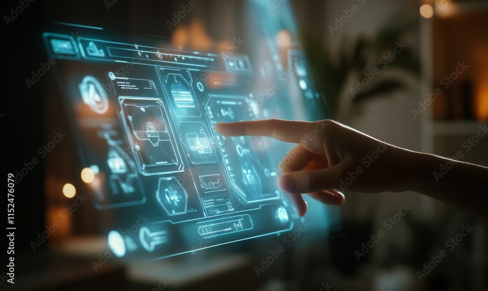 Poster futuristic smart home interface projected in mid-air, users hand controlling various settings with g