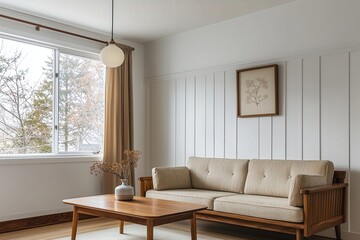Minimalist, a modern Scandinavian interior design of the living room with wood finish parts of the living room and sofa and table. Generativ AI
