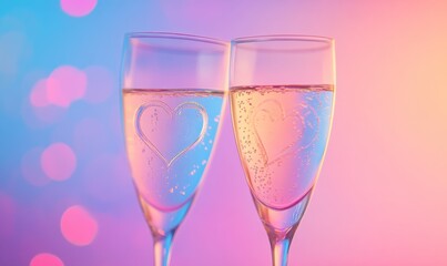 Close-up of a pair of champagne glasses with etched heart designs, set against a pastel backdrop.