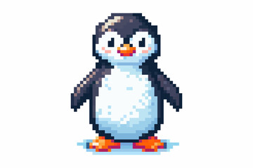 Pixel art penguin with a white belly, black body, and orange beak and feet, standing on a light blue surface