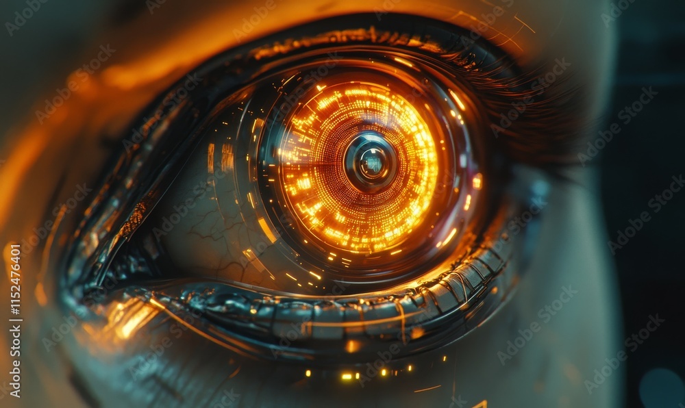 Poster close-up of a robotic eye scanning its environment, glowing with precision sensors and lifelike move