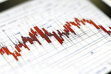 Close-up of a tablet displaying a red stock market graph showing a downward trend.