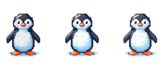 Pixel art penguin with a white belly, black body, and orange beak and feet, standing on a light blue surface © MARI LI