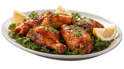 Fototapeta premium Juicy chicken drumsticks seasoned with spices, served with lemon wedges and parsley for a zesty flavor, studio view, isolated on transparent background.