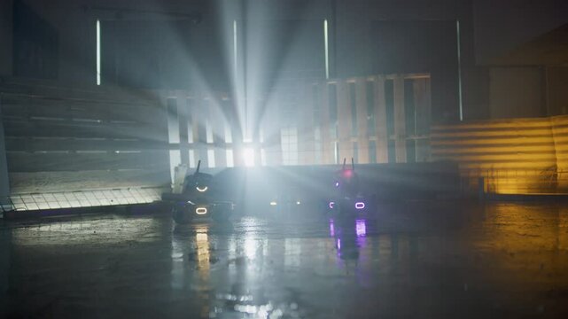 Cinematic robo battle in shack with beams of sunlight coming through