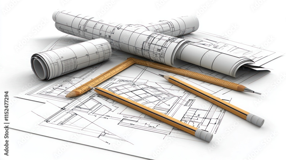 Poster architectural blueprints and drafting tools arranged for design