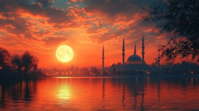 Sunset silhouette of mosque by lake.