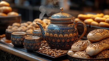 Steaming teapot with coffee beans and pastries.