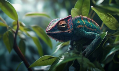 Colorful chameleon blending seamlessly with a lush green branch, its eyes moving independently.