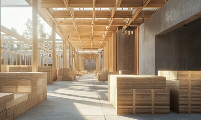Construction site with sustainable wooden planks, emphasizing eco-friendly building materials and sustainable architecture