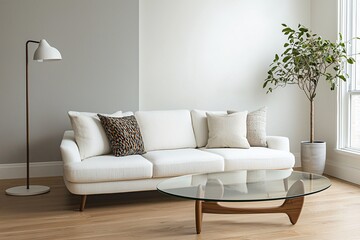 Minimalist interior design of the living room with white finished walls and white sofa and cushion. Generative AI
