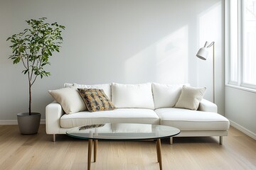 Minimalist interior design of the living room with white finished walls and white sofa and cushion. Generative AI
