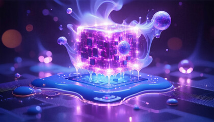 Visualize the concept of quantum entanglement using elements of a quantum computer; show qubits as intertwined threads of light with a background that suggests the vastness of quantum states.