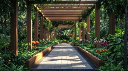 Obraz premium Tranquil garden path under wooden pergola.