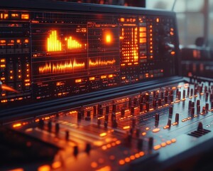 Fototapeta premium A bright recording room where glowing tools display realtime adjustments to harmonies, blending perfectly with the vocalist s tone