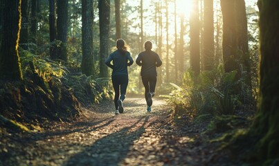 Obraz premium Couple running side by side on a forest trail, encouraging smiles, sunlight streaming through tall trees, vibrant green setting, teamwork and fitness bond,
