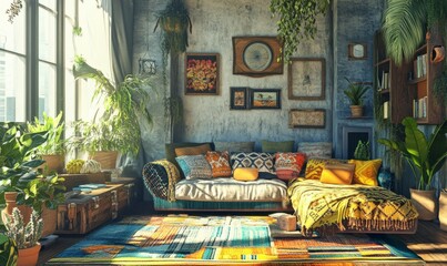 Contemporary Interior Design Background. Boho Living Room. .