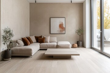 Minimalist, modern Scandinavian interior design in the living room with beige-lined walls and beige sofas. Generative AI
