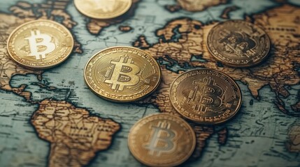 Golden Bitcoin coins scattered on a vintage world map.