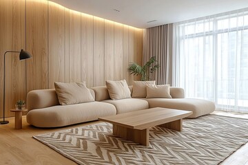 Fototapeta premium Minimalist interior design of the living room with wood-finished walls and beige sofas and wood tables. Generative AI 