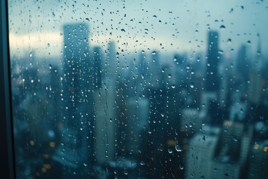 Rainy city view through window with raindrops.