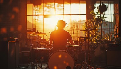 A glowing drum kit in a vibrant studio, the producer finetuning rhythms as sunlight pours through large glass windows