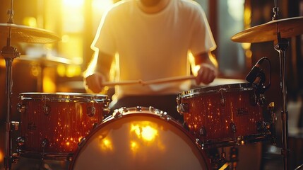 Naklejka premium A glowing drum pad in a sunlit studio, an artist experimenting with dynamic rhythms that fill the room with energy