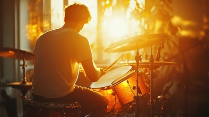 A glowing drum pad in a sunlit studio, an artist experimenting with dynamic rhythms that fill the room with energy