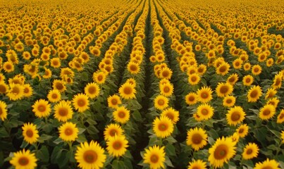 Obraz premium Endless sunflower field glowing in the golden hour light, rows of flowers leading to the horizon.