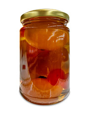 Cremona fruit mustard, candied fruit with must and mustard oil in glass jar isolated