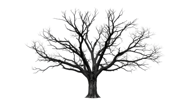 PNG,  tree silhouette isolated on transparent, dead tree trunk and branches, desolate tree, lifeless tree, tree silhouette, dried out tree