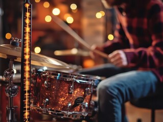 Naklejka premium A glowing metronome guiding rhythm in a sunny studio, the drummer focused on perfecting their craft