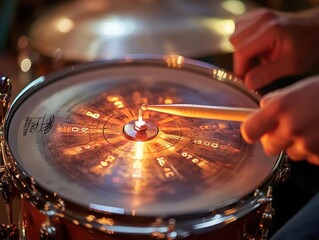 Obraz premium A glowing metronome guiding rhythm in a sunny studio, the drummer focused on perfecting their craft