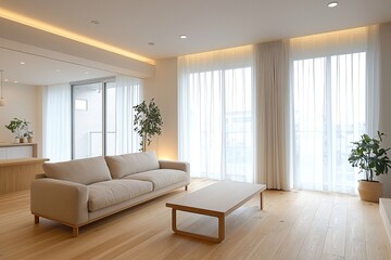 Minimalist, modern Scandinavian interior design in the living room with sofa and table. Generative AI
