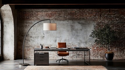 Modern home office with arched floor lamp, desk, chair, and exposed brick wall.