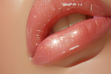 Obraz premium beauty photography, close-up of glossy pink lips with clear skin and subtle lipstick, captured in portrait mode for a modern look with vivid details