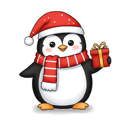 cute Christmas penguin character vector illustration Transparent Background 