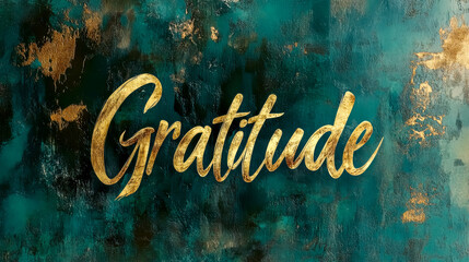 Gratitude sign in elegant gold calligraphy on teal background
