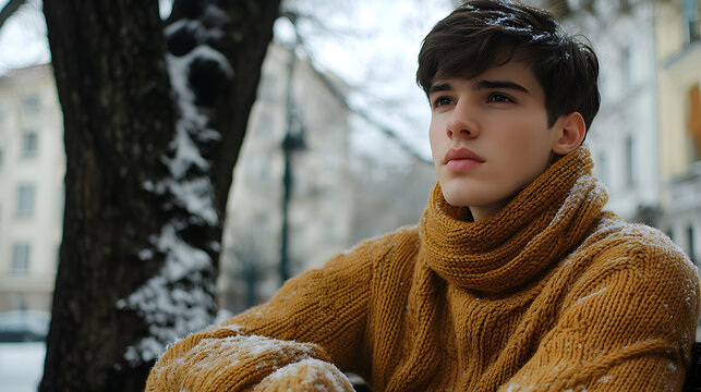 A young man with dark hair looks pensively away, bundled in a warm, mustard-yellow turtleneck sweater on a snowy day.  A tree with snow on its branches is in the background. 