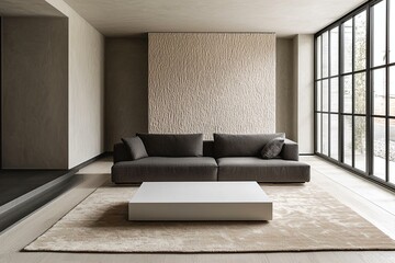 Minimalist, a mid century modern interior design of a residential living room with a rough finish to parts of the wall and gray sofa and table. Generative AI
