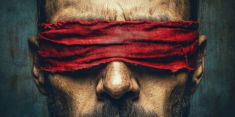 A striking close-up of a man with a textured red blindfold covering his eyes, symbolizing censorship, oppression, or introspection in a gritty, detailed style.