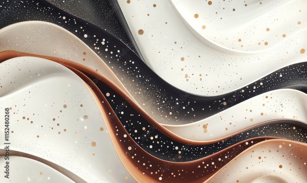 Poster delicate intersections of soft mocha curves and muted pastel dots, forming a balanced yet lively abs
