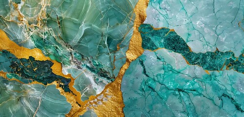 Elegant marble showcasing a broad golden split, one side in emerald tones and the other in shimmering turquoise hues